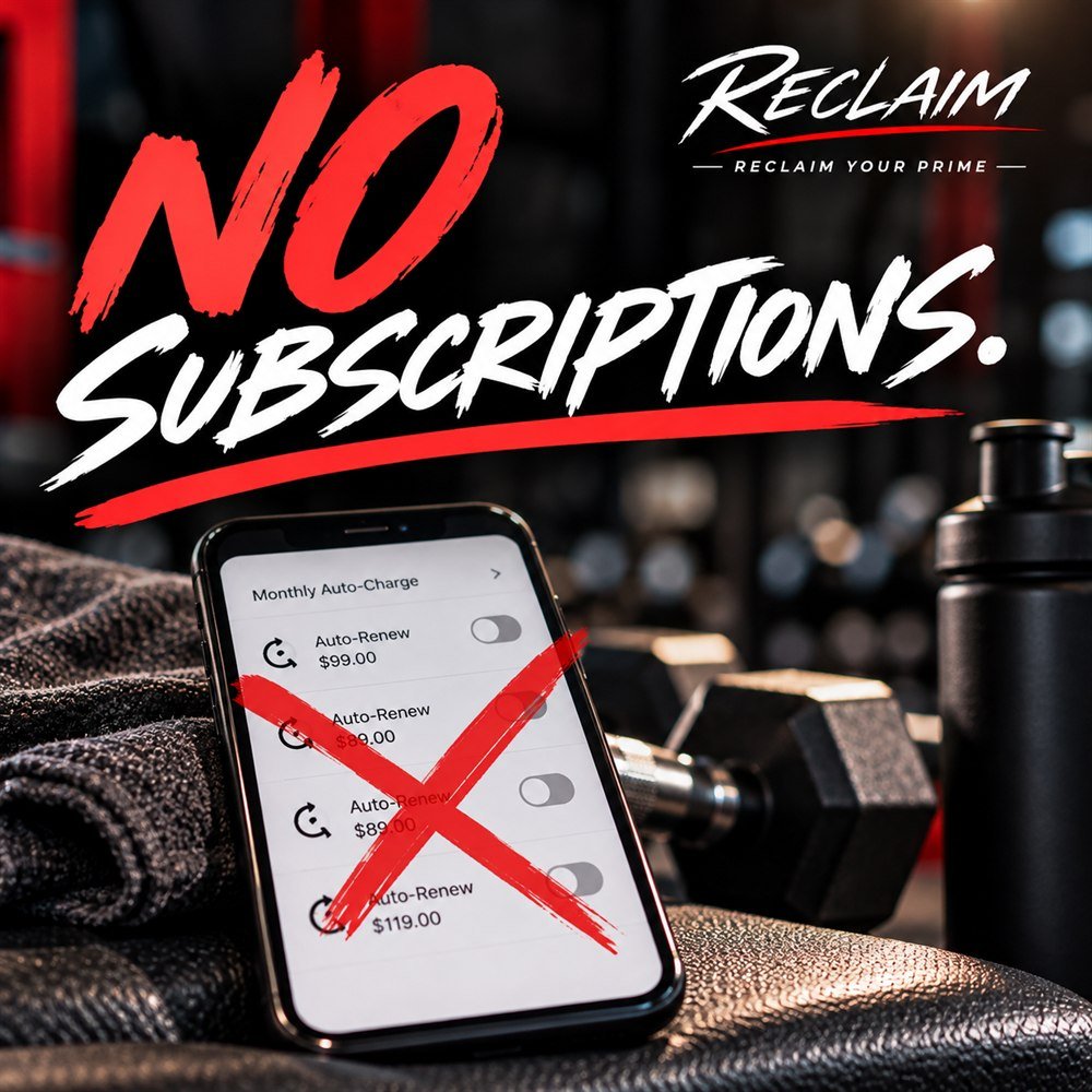 No subscriptions. A phone showing a list of monthly auto-renew charges, struck through.