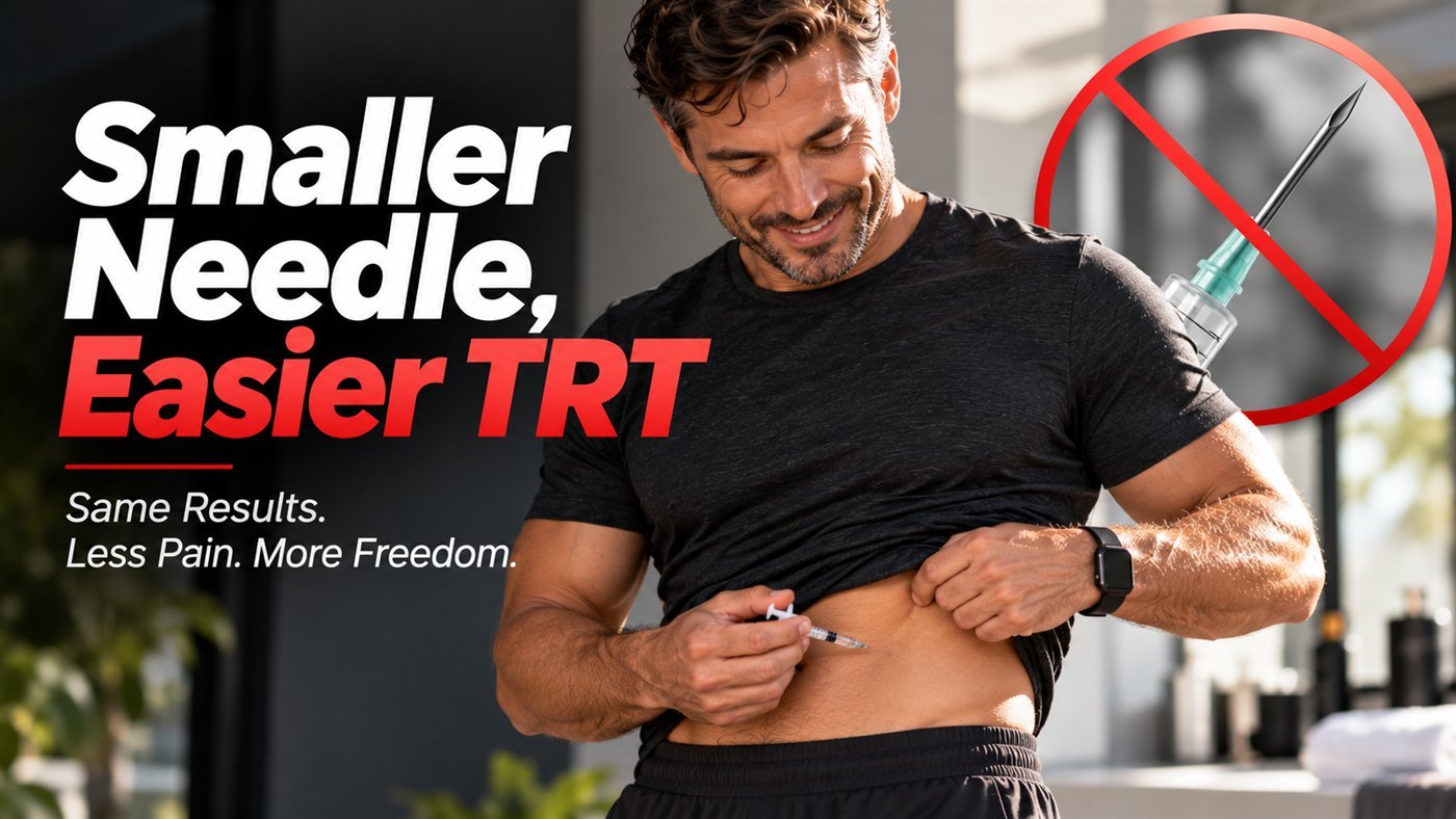 Smaller needle, easier TRT. Same results, less pain, more freedom. A man injecting testosterone into the abdomen with a small insulin syringe, beside a large intramuscular needle crossed out.