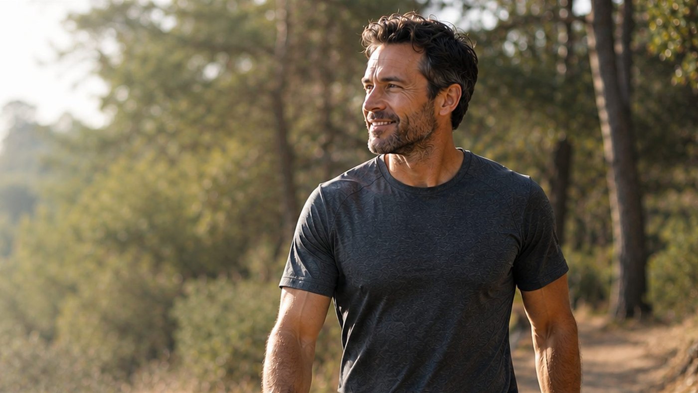 A man walking a wooded trail in morning light, looking off to one side.