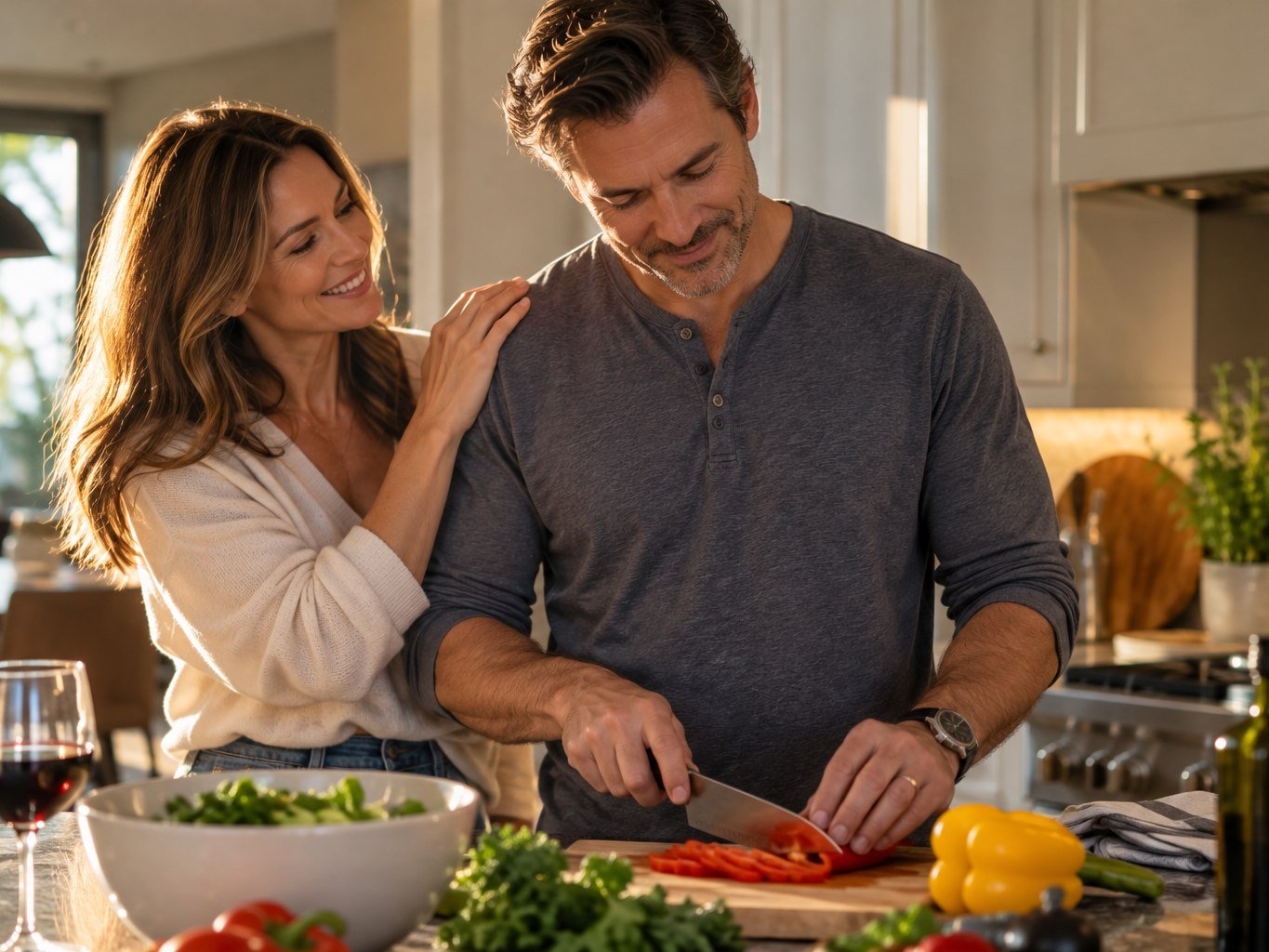A couple cooking together in their kitchen in morning light