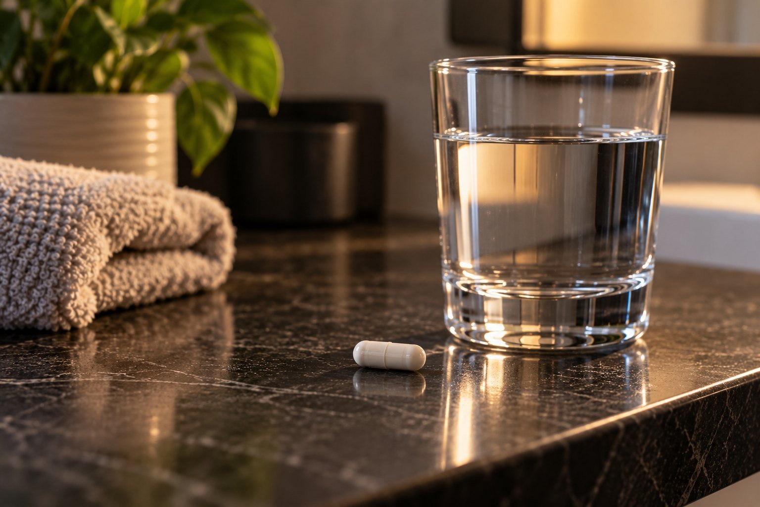 A single daily pill by a glass of water on a nightstand