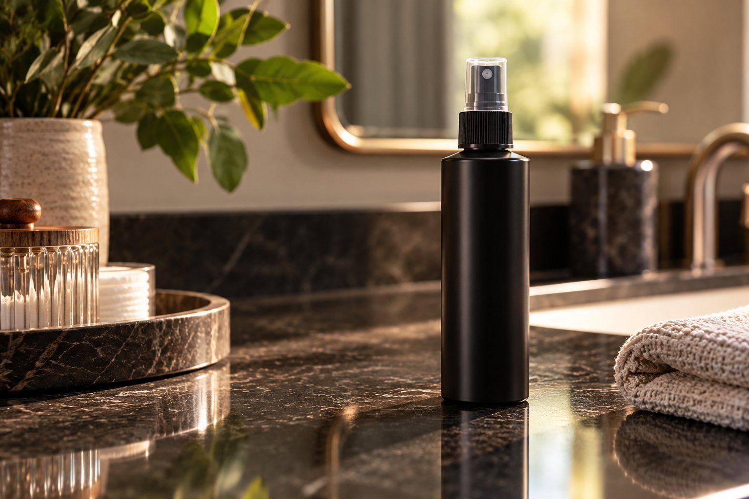 Scalp spray bottle on a clean bathroom counter