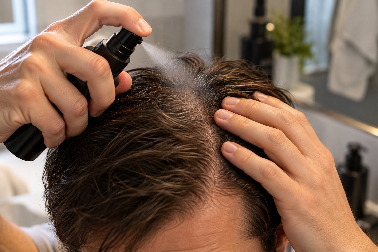 Texture-forward shot of a scalp part, or product texture on fingertips