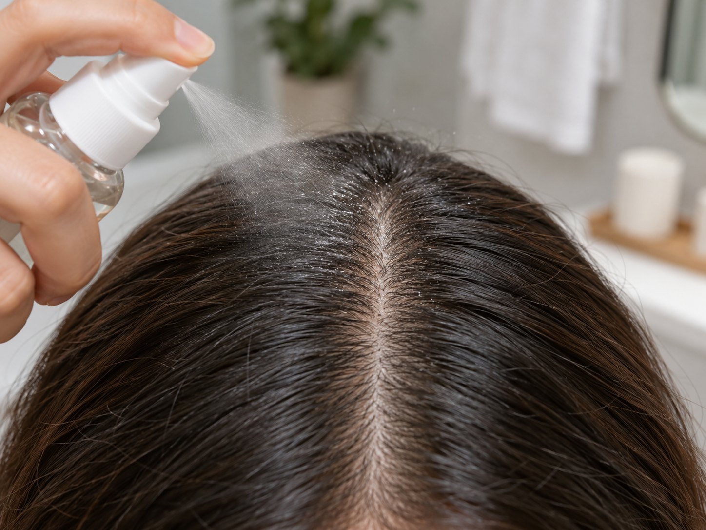Scalp spray bottle on a clean bathroom counter