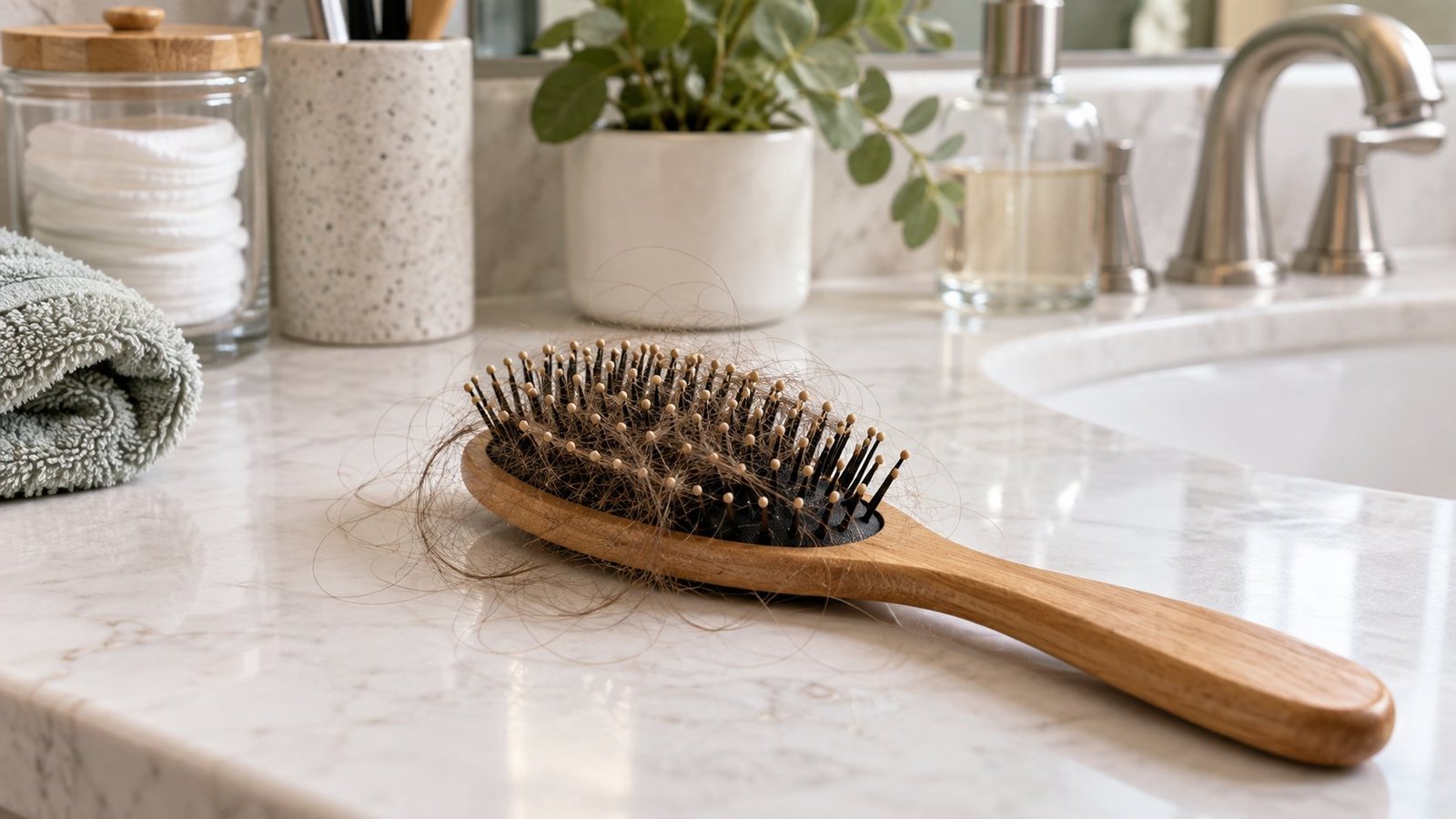 A hairbrush on a bathroom counter with shed hair caught in the bristles
