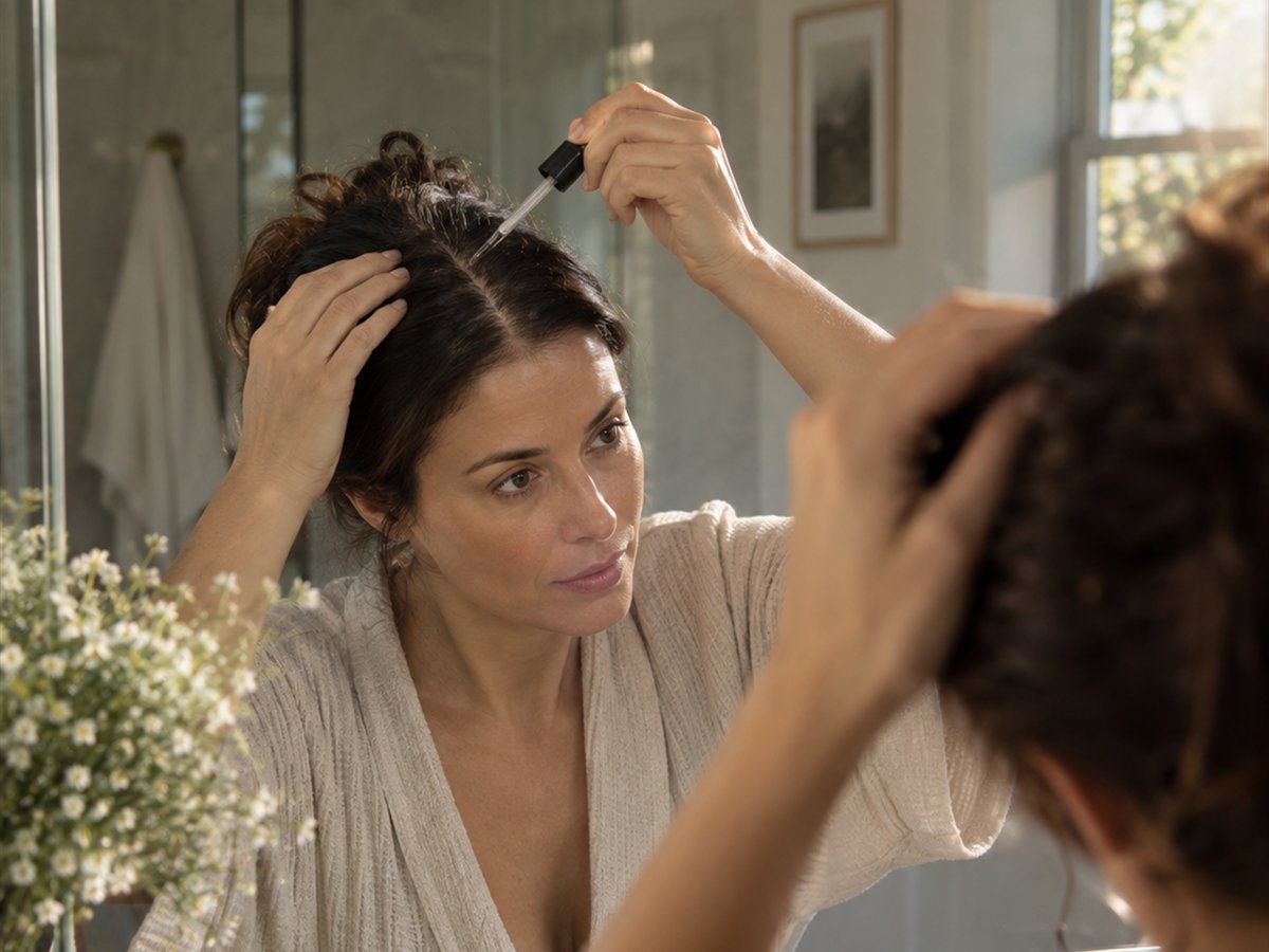Woman in her 30s to 40s, unposed, morning routine at the bathroom sink