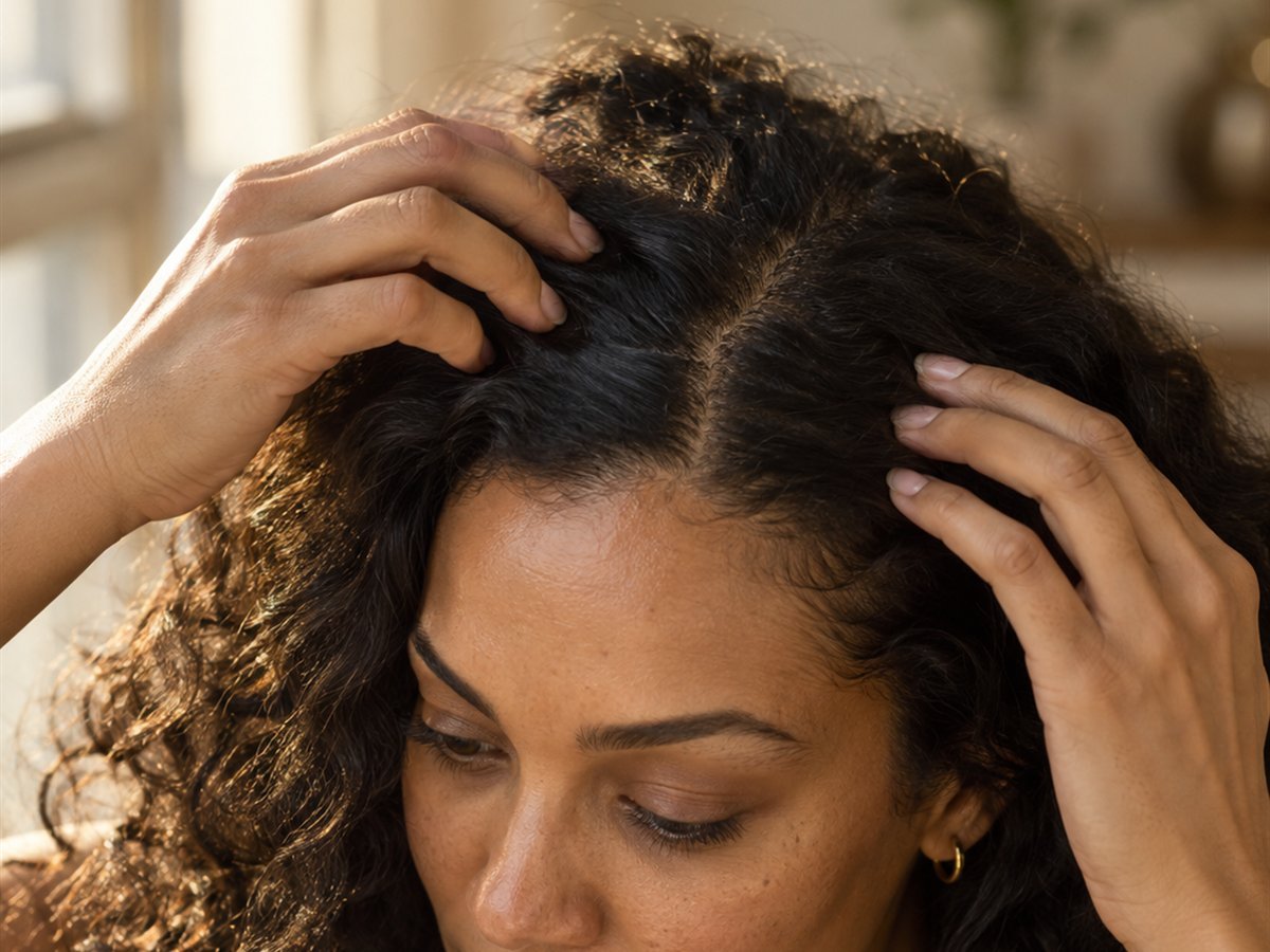 Texture-forward shot of a scalp part, or product texture on fingertips